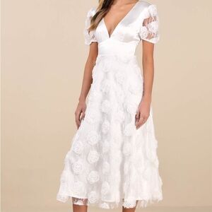 Lulu's Gorgeous Elevation White Lace Rosette Puff Sleeve Midi Dress